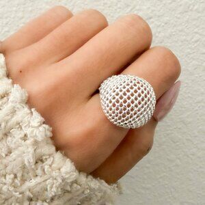 925 Sterling Silver Circle Dome Ring Large Round Statement Ring Woven Ring